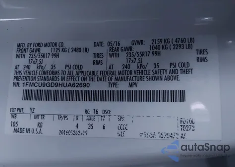 2017 Ford Escape Se z USA, uszkodzony, nr VIN 1FMCU9GD9HUA62690